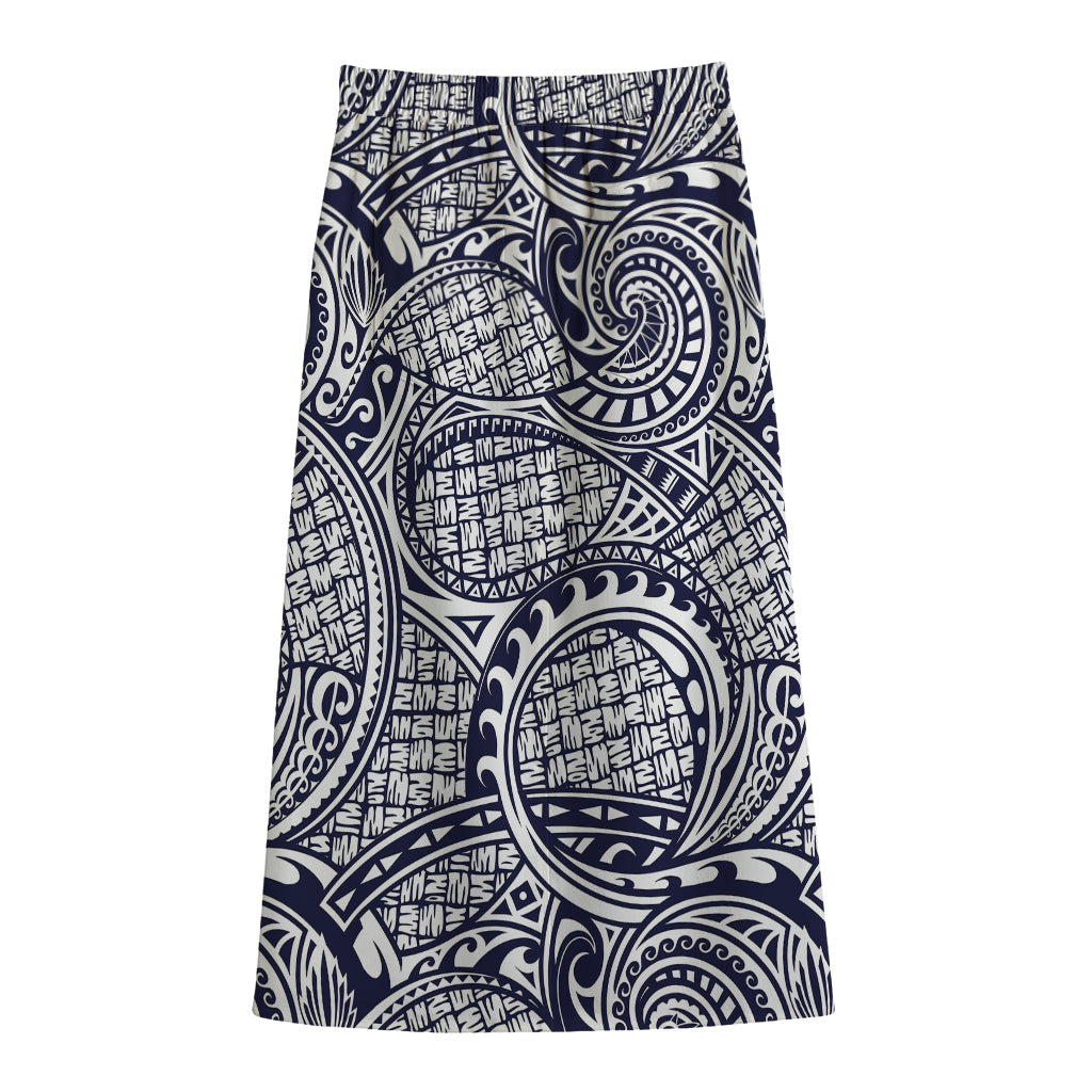 Blue Maori Polynesian Tribal Print Cotton Front Slit Maxi Skirt