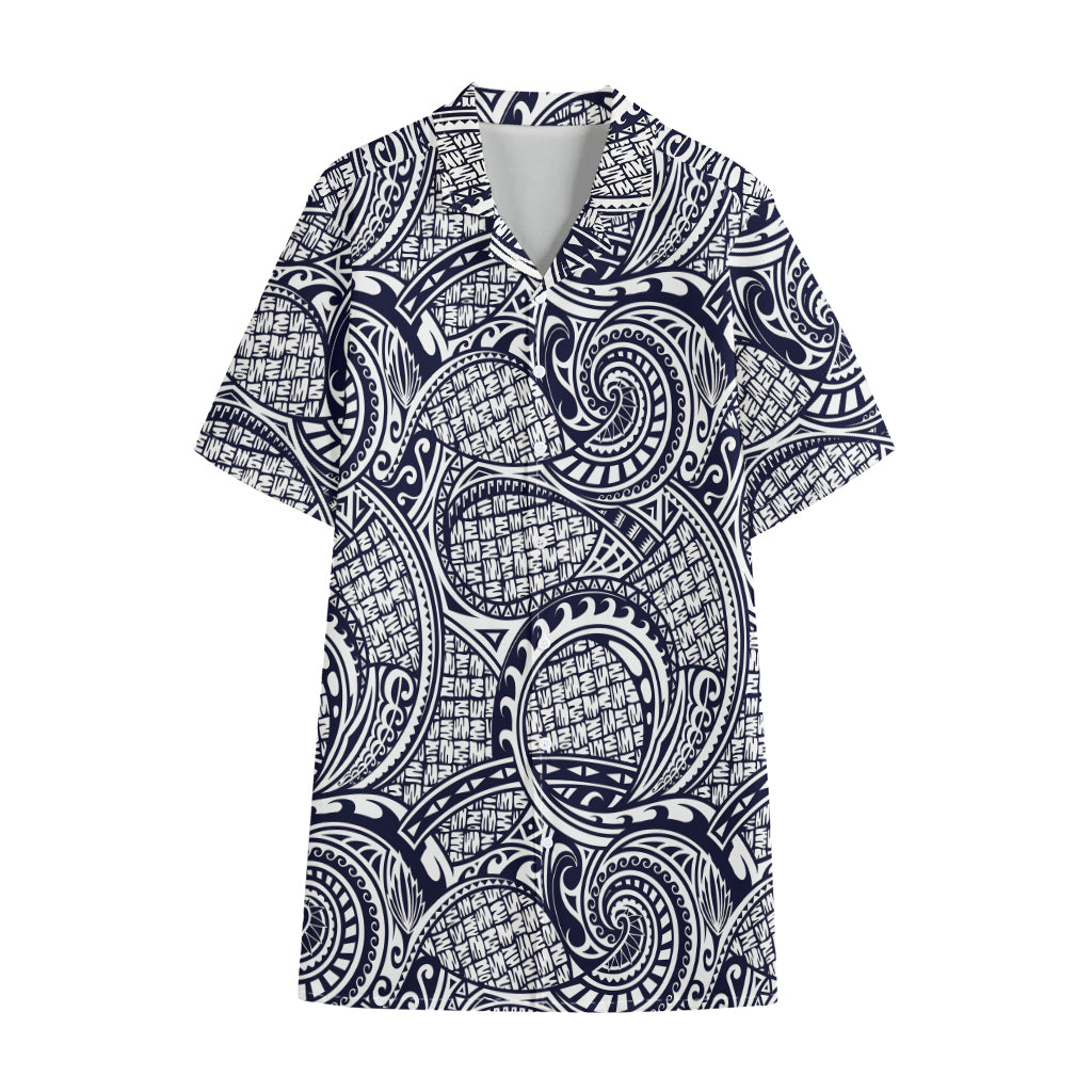 Blue Maori Polynesian Tribal Print Cotton Hawaiian Shirt