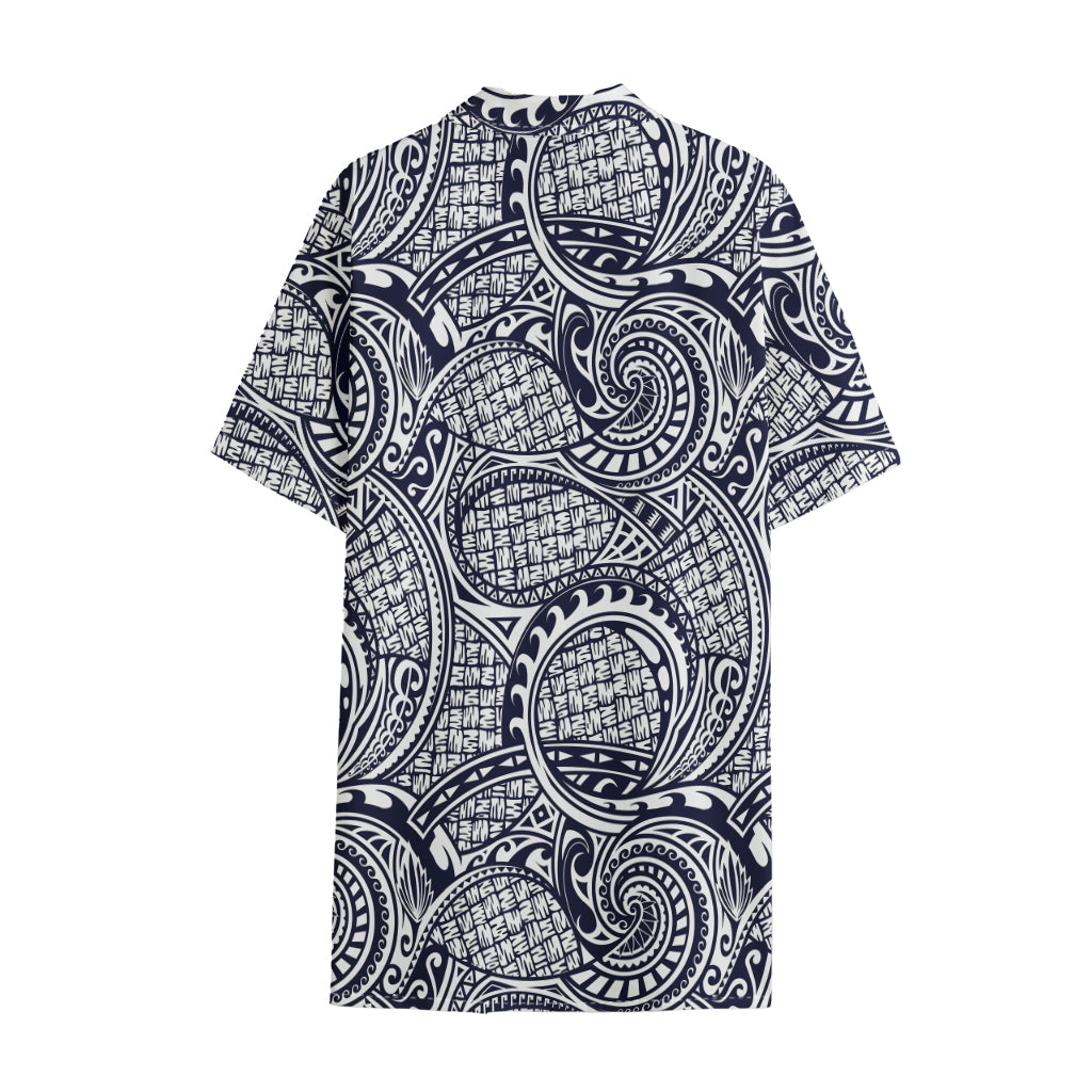 Blue Maori Polynesian Tribal Print Cotton Hawaiian Shirt