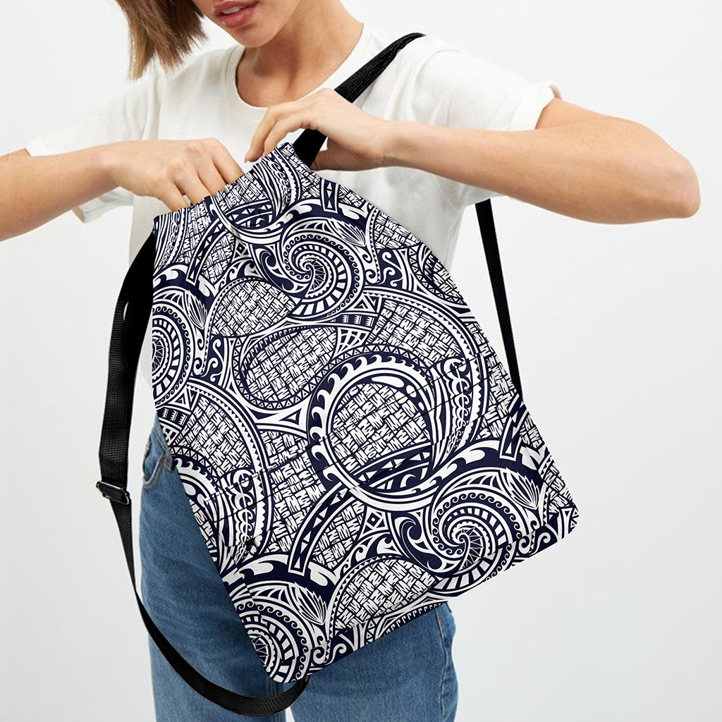 Blue Maori Polynesian Tribal Print Drawstring Backpack
