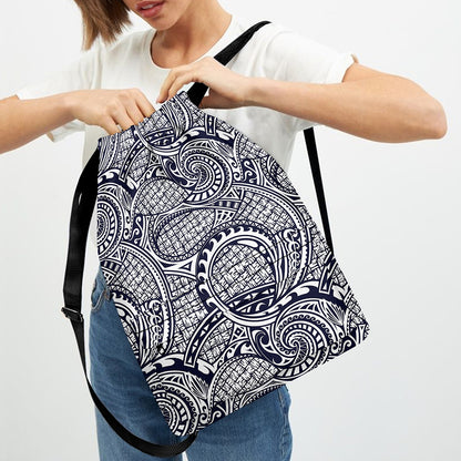 Blue Maori Polynesian Tribal Print Drawstring Backpack