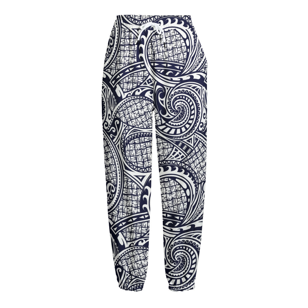 Blue Maori Polynesian Tribal Print Fleece Lined Knit Pants