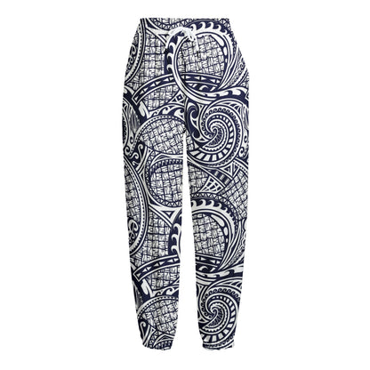 Blue Maori Polynesian Tribal Print Fleece Lined Knit Pants