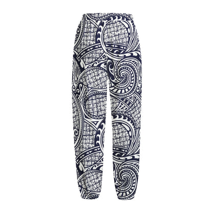 Blue Maori Polynesian Tribal Print Fleece Lined Knit Pants