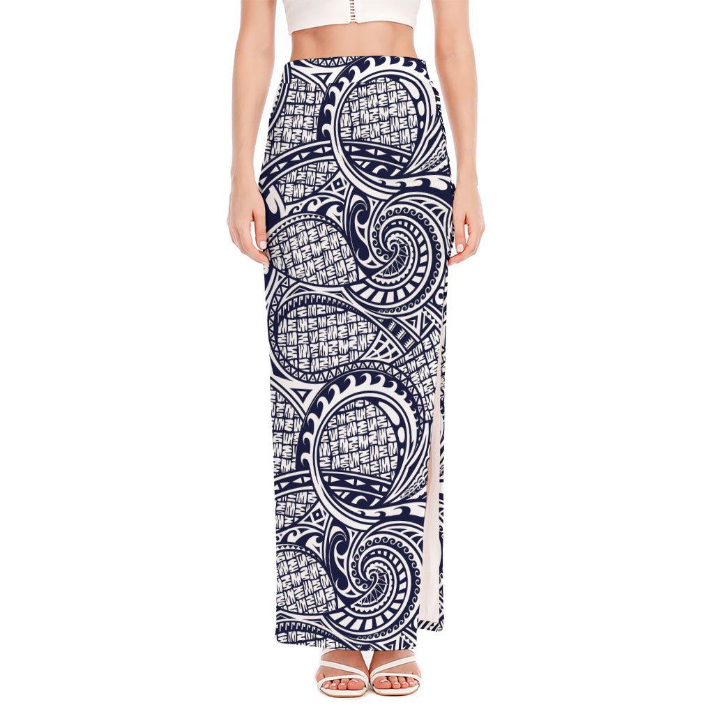 Blue Maori Polynesian Tribal Print High Slit Maxi Skirt