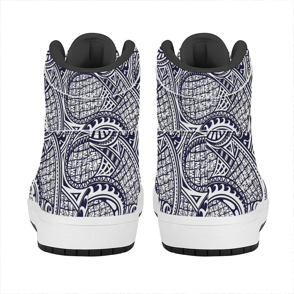Blue Maori Polynesian Tribal Print High Top Leather Sneakers
