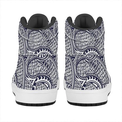 Blue Maori Polynesian Tribal Print High Top Leather Sneakers