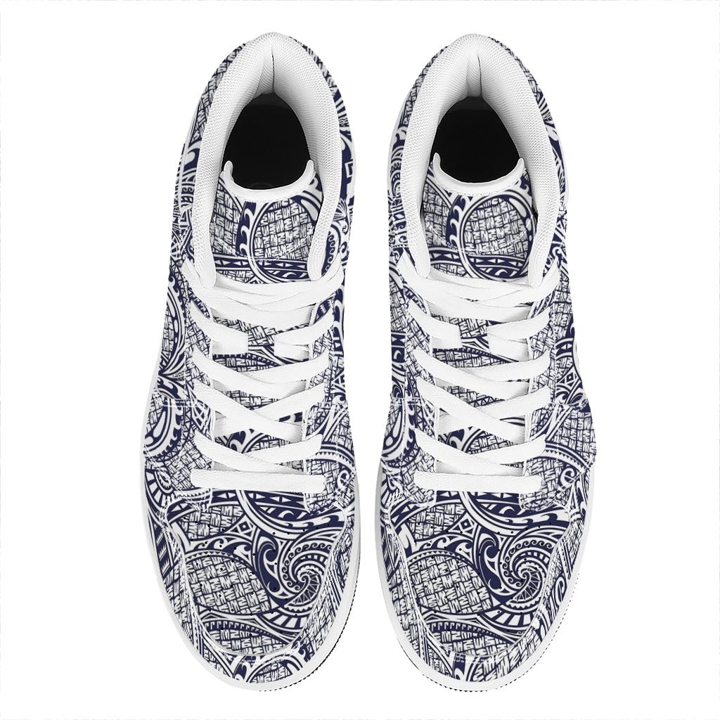Blue Maori Polynesian Tribal Print High Top Leather Sneakers