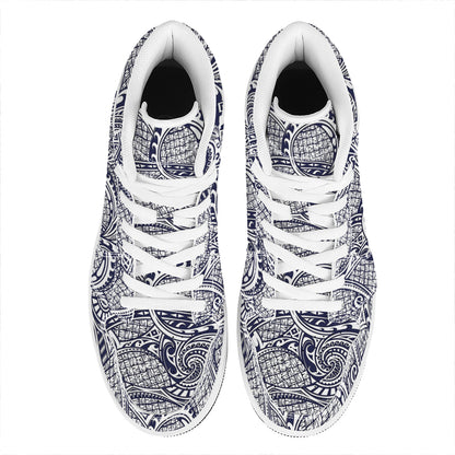 Blue Maori Polynesian Tribal Print High Top Leather Sneakers