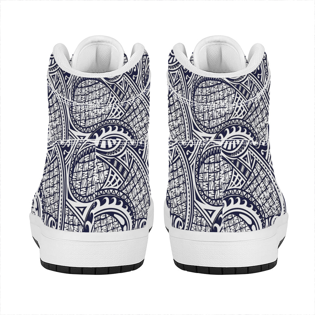 Blue Maori Polynesian Tribal Print High Top Leather Sneakers