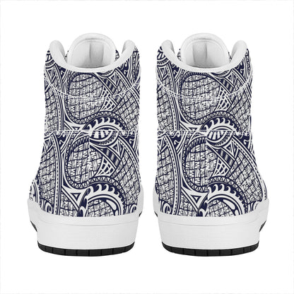 Blue Maori Polynesian Tribal Print High Top Leather Sneakers
