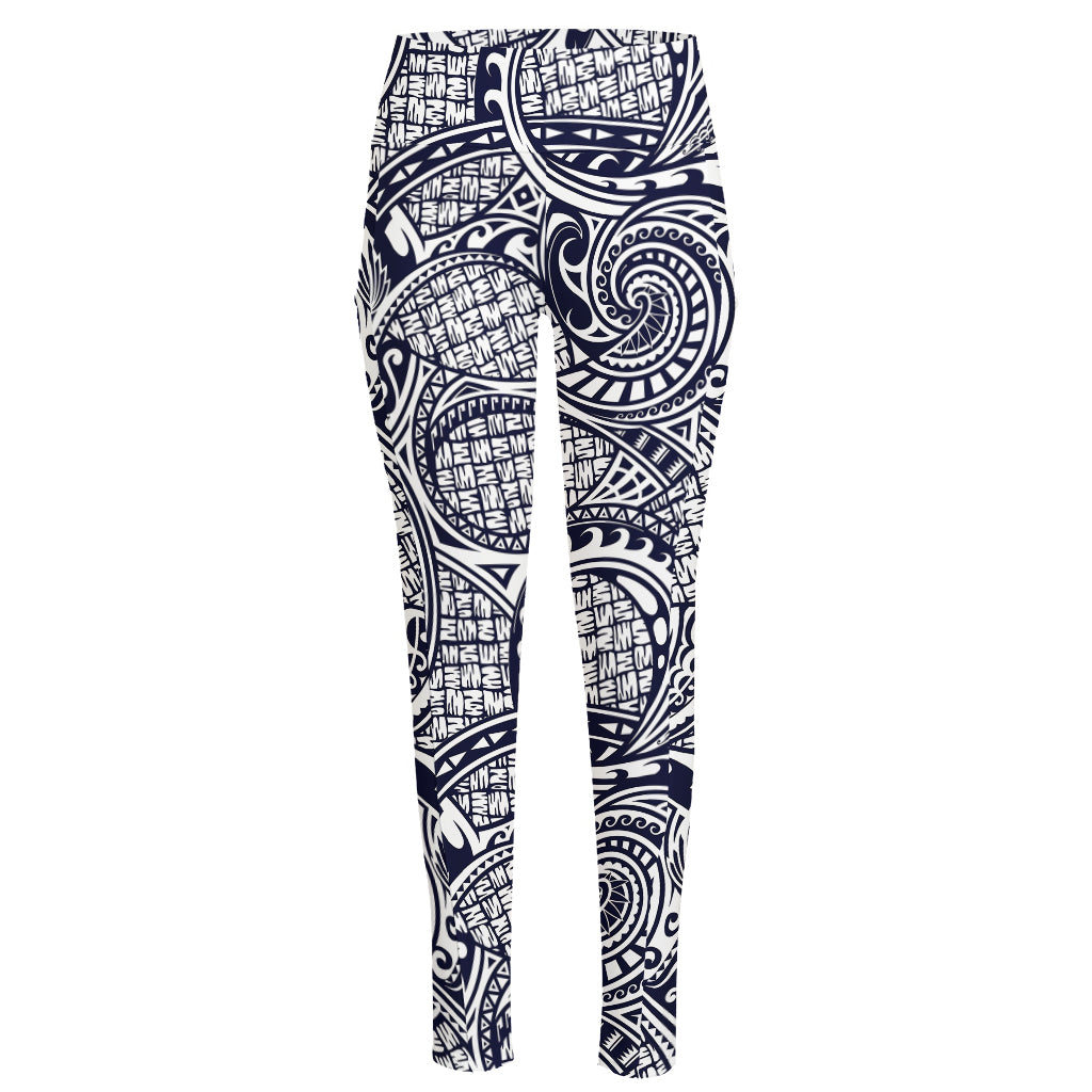 Blue Maori Polynesian Tribal Print High-Waisted Pocket Leggings