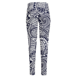 Blue Maori Polynesian Tribal Print High-Waisted Pocket Leggings