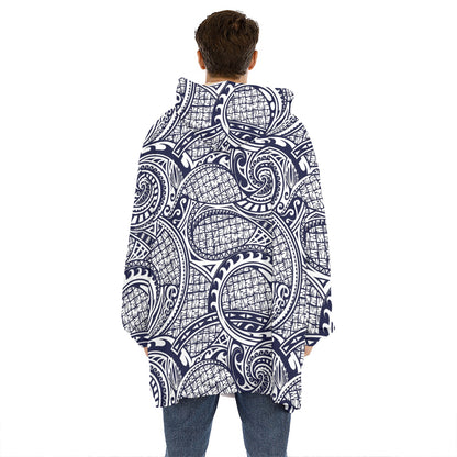 Blue Maori Polynesian Tribal Print Hoodie Blanket