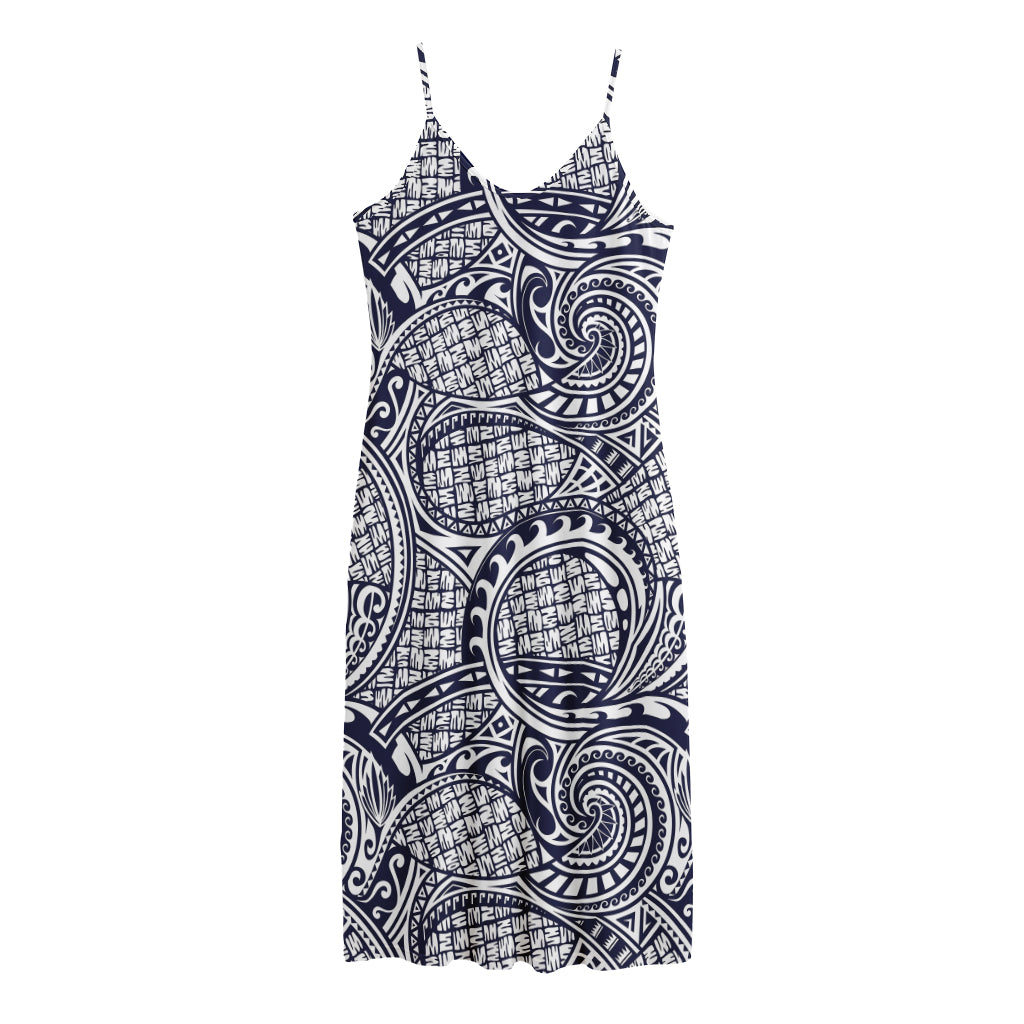 Blue Maori Polynesian Tribal Print Jersey Midi Cami Dress