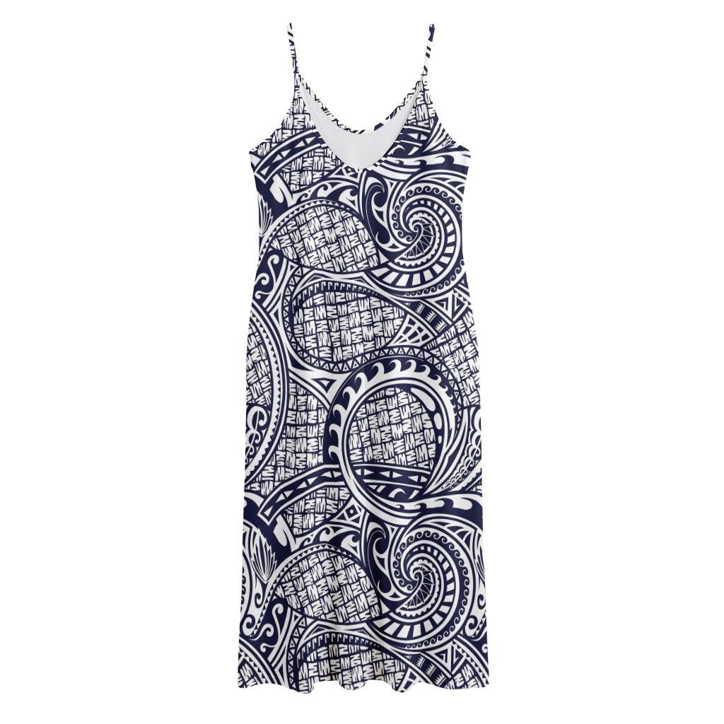 Blue Maori Polynesian Tribal Print Jersey Midi Cami Dress