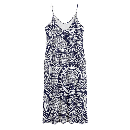 Blue Maori Polynesian Tribal Print Jersey Midi Cami Dress