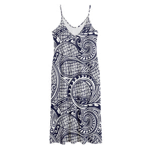 Blue Maori Polynesian Tribal Print Jersey Midi Cami Dress