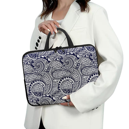 Blue Maori Polynesian Tribal Print Laptop Sleeve With Handle