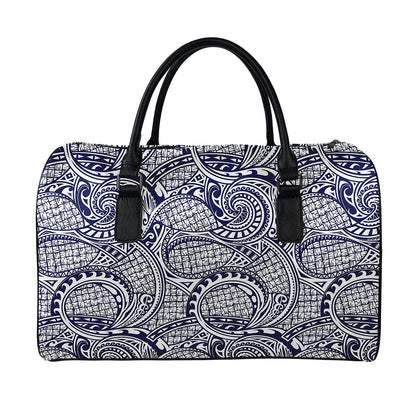 Blue Maori Polynesian Tribal Print Leather Duffle Bag