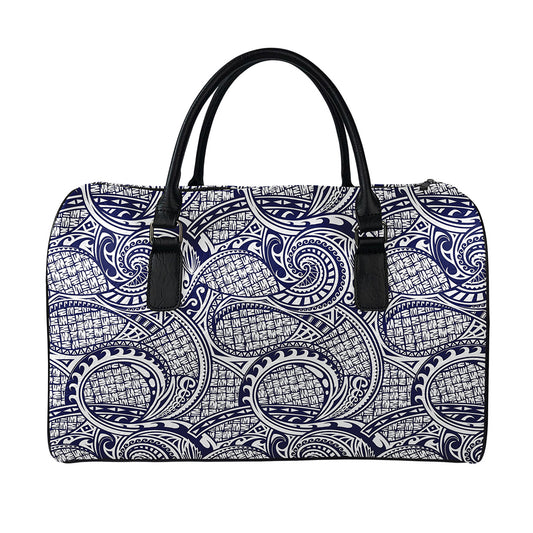 Blue Maori Polynesian Tribal Print Leather Duffle Bag