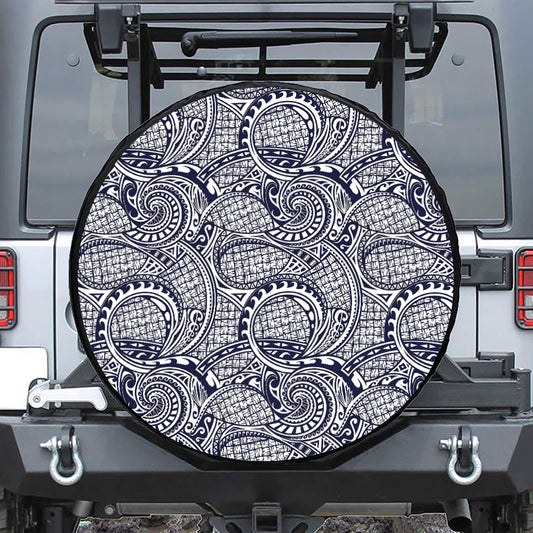 Blue Maori Polynesian Tribal Print Leather Spare Tire Cover