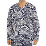 Blue Maori Polynesian Tribal Print Long Sleeve Baseball Jersey