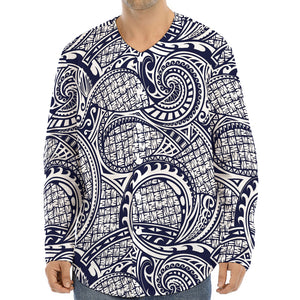 Blue Maori Polynesian Tribal Print Long Sleeve Baseball Jersey