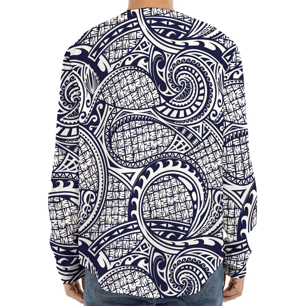 Blue Maori Polynesian Tribal Print Long Sleeve Baseball Jersey