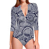 Blue Maori Polynesian Tribal Print Long Sleeve Swimsuit