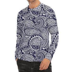 Blue Maori Polynesian Tribal Print Men's Long Sleeve Rash Guard