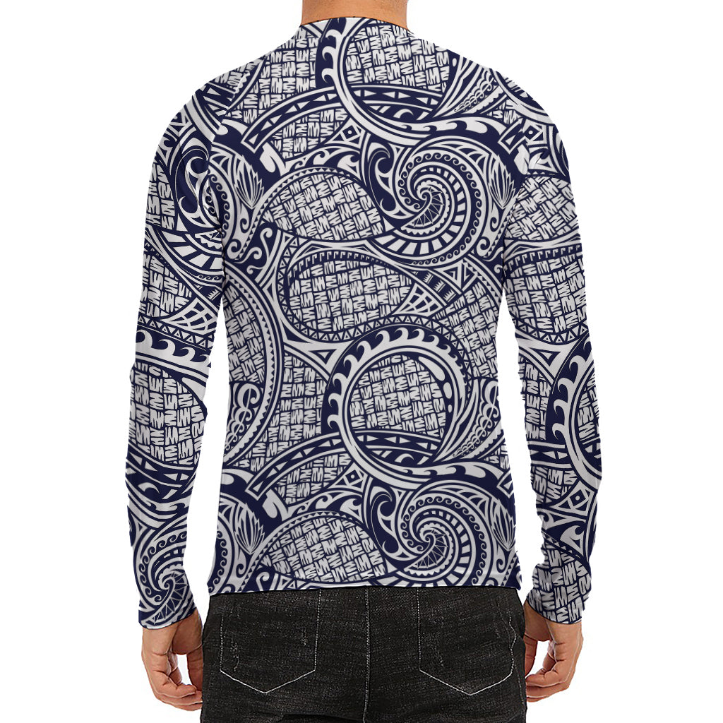 Blue Maori Polynesian Tribal Print Men's Long Sleeve Rash Guard