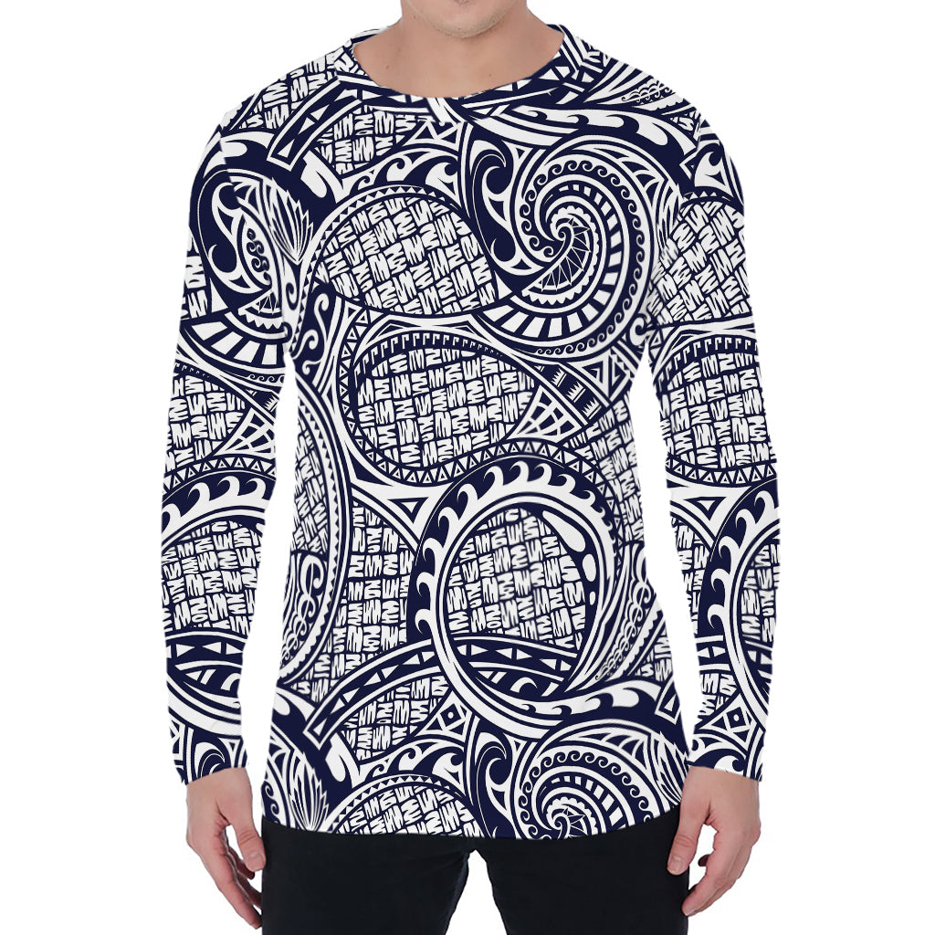 Blue Maori Polynesian Tribal Print Men's Long Sleeve T-Shirt