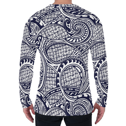 Blue Maori Polynesian Tribal Print Men's Long Sleeve T-Shirt