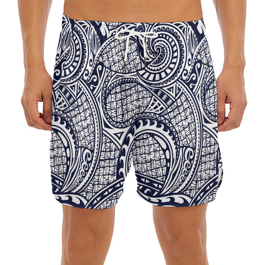 Blue Maori Polynesian Tribal Print Men's Split Running Shorts