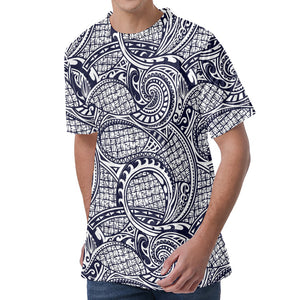 Blue Maori Polynesian Tribal Print Men's Velvet T-Shirt