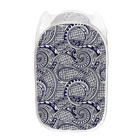 Blue Maori Polynesian Tribal Print Mesh Laundry Hamper