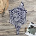 Blue Maori Polynesian Tribal Print One Shoulder Bodysuit