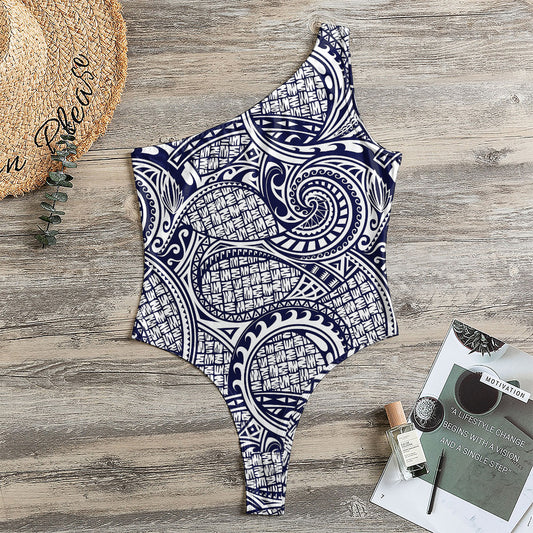 Blue Maori Polynesian Tribal Print One Shoulder Bodysuit