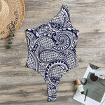 Blue Maori Polynesian Tribal Print One Shoulder Bodysuit