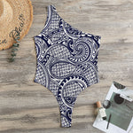 Blue Maori Polynesian Tribal Print One Shoulder Bodysuit