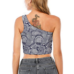 Blue Maori Polynesian Tribal Print One Shoulder Crop Top