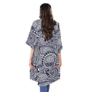 Blue Maori Polynesian Tribal Print Open Front Beach Cover Up