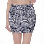 Blue Maori Polynesian Tribal Print Pencil Mini Skirt