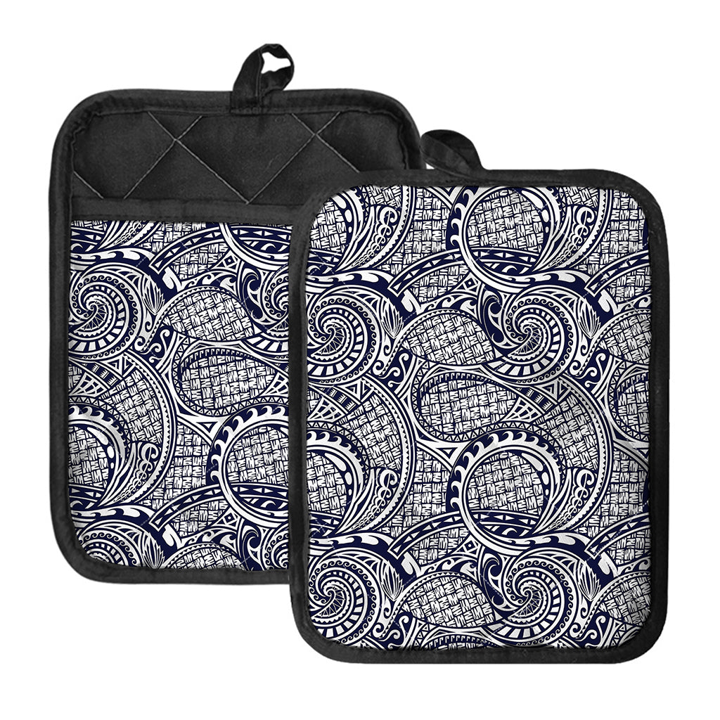 Blue Maori Polynesian Tribal Print Pot Holders With Pocket