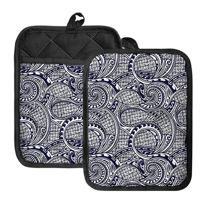 Blue Maori Polynesian Tribal Print Pot Holders With Pocket