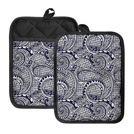 Blue Maori Polynesian Tribal Print Pot Holders With Pocket