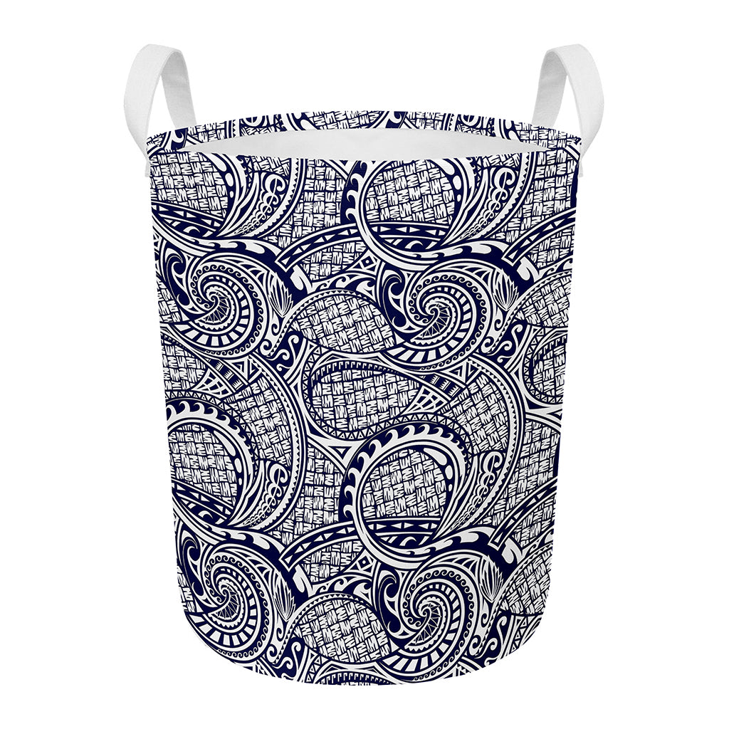 Blue Maori Polynesian Tribal Print Round Laundry Basket