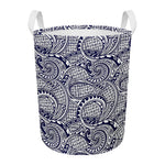 Blue Maori Polynesian Tribal Print Round Laundry Basket