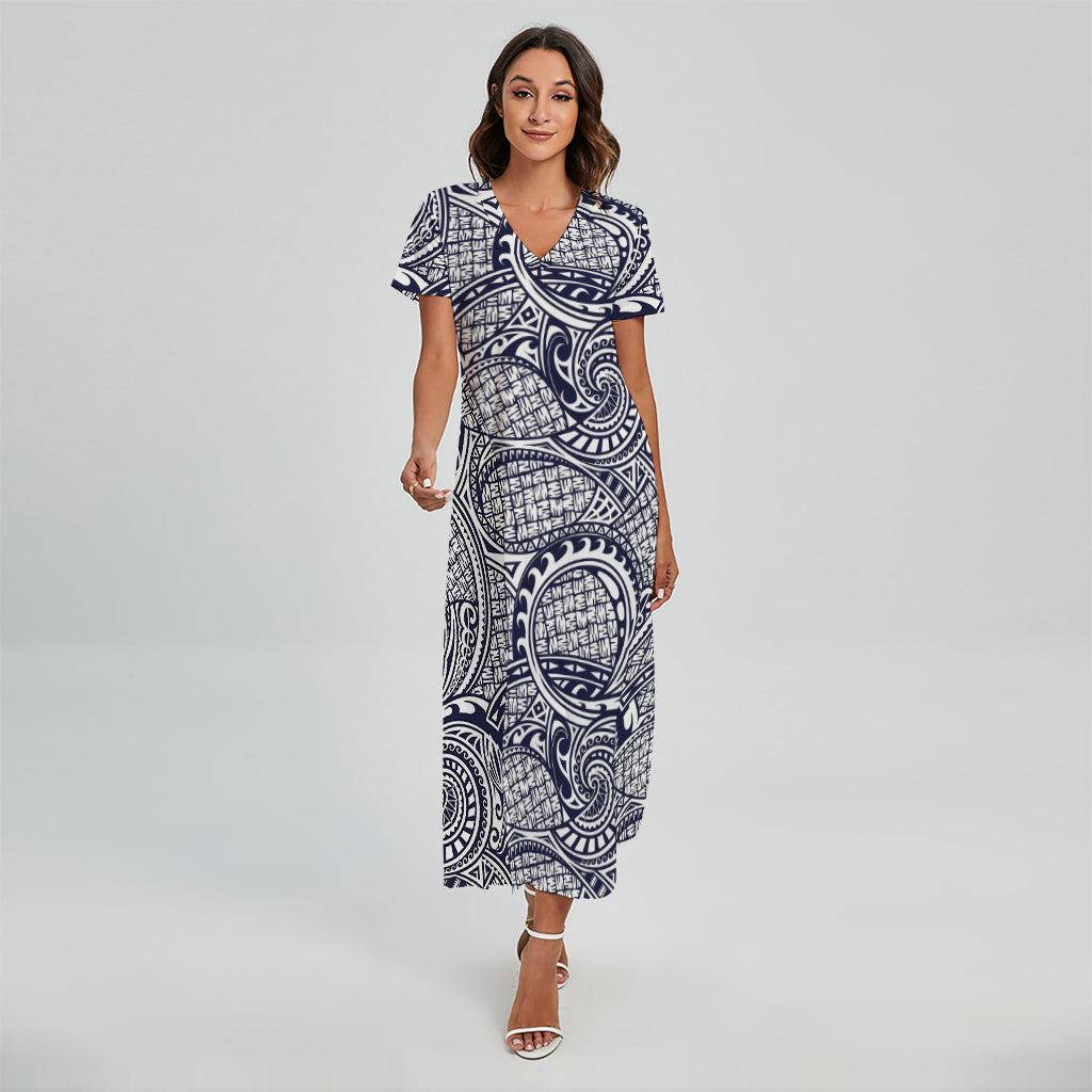 Blue Maori Polynesian Tribal Print Short Sleeve Maxi Dress